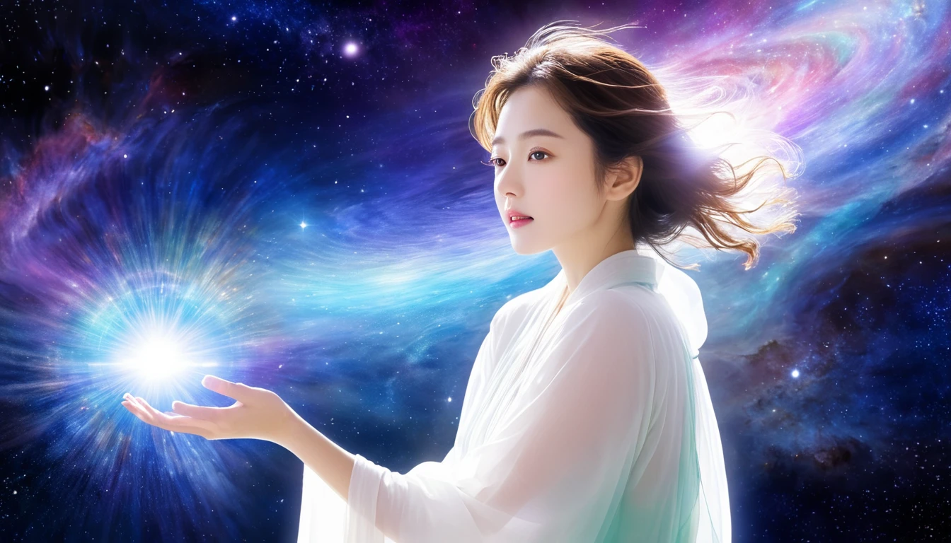Highest quality,One person, universe,Mind Aura Cleansing,A beautiful woman with a beloved aura,universe空間で浮遊する
