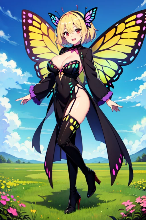 1girl,solo,antennae,black hairband, long blonde hair,hair between eyes,hair flower,hair ornament,hairband,smile,red eyes,open mouth,huge breasts:1.6,cleavage,(butterfly girl),butterfly wings,insect wings,(monster girl),crazy straw,day,dress,flower,grass,high heel boots,high heels,light blush,long sleeves,looking at viewer,outdoors,short hair,thigh boots,blue sky,cloud,