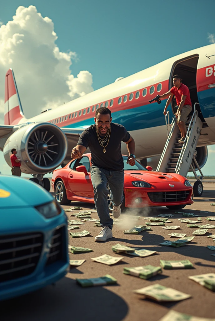 Logo A Supra car and an Izuzu, a man running into him with his hand and a Grock gun and money and smoking vape with diamonds in his teeth and a plane with Dominican colors and Security on the plane opening the door and throwing money