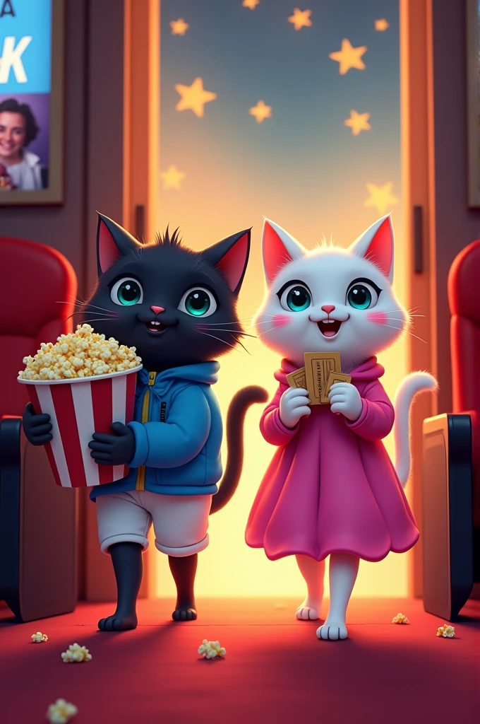 Image 6**: Both young cats are entering a movie theater. The tiny long height black cat wearing blue jacket and white pant is holding a large bucket of popcorn, and the rainbow-colored white cat is wearing a pink grown holding two tickets. They are both excited, with the movie posters in the background hinting at a romantic film.
