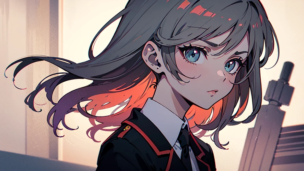 990s aesthetic, featuring a young woman with long, light-colored hair and red, horn-like protrusions on her head. The character should be wearing a school uniform consisting of a white shirt, black tie, and a dark jacket draped over her shoulders. Her expression should be calm and serious, with sharp, detailed eyes that capture a sense of depth and emotion. The art style should reflect the 90s anime aesthetic, with clean lines, soft shading, and a slightly muted color palette. The background should be simple, perhaps an indoor setting with soft lighting that highlights the character, keeping the focus on her detailed facial features and expressive eyes.