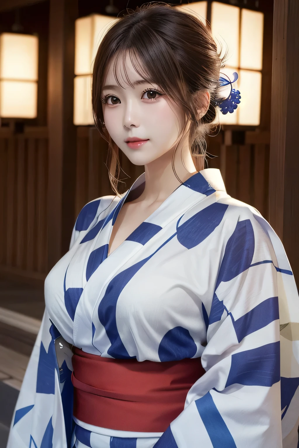 One Girl, 1 person,Highest quality,High resolution,超High resolution,8k,Realistic,Upper Body,encounter_audience,Large Breasts, the body is slim,(Yukata:1.2),