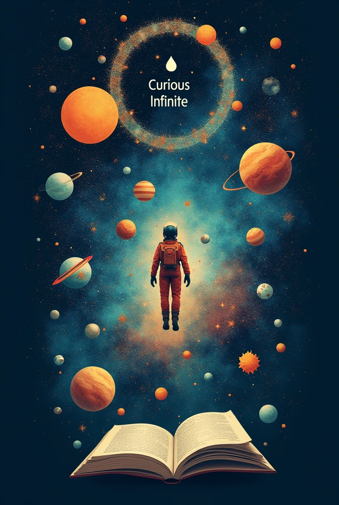 A stylized figure, representing an explorer or an astronaut, floats in a vast cosmic space. Ao redor dele, there are planets, stele, open books, tools, and icons from different areas such as science, artistry, tecnology, and nature. No fundo, a spiral that resembles the infinity symbol, but made of nebulae and galaxies, highlights the idea that curiosity is eternal and without borders. the name "Curious Infinite" may be inserted in the space, como se estivesse brilhando junto com as stele