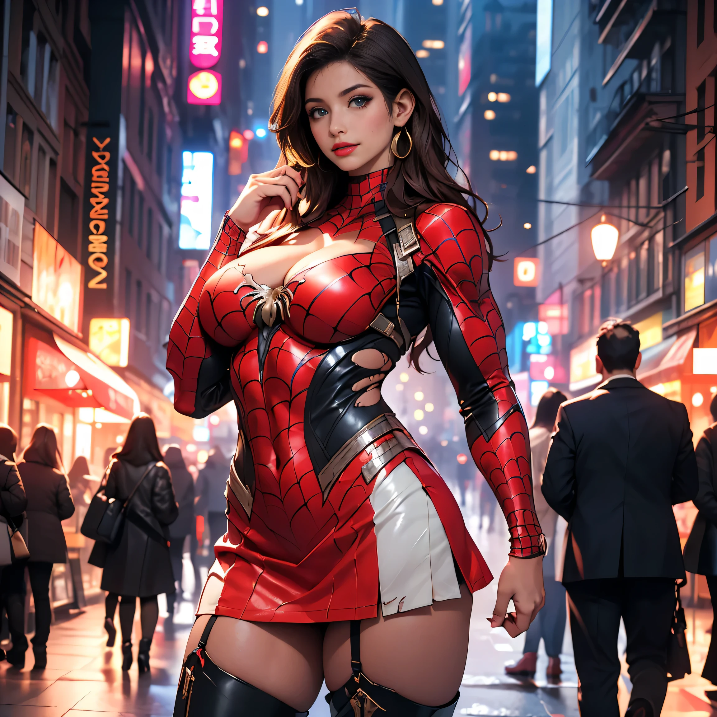 ((Pretty Caucasian (female), Sarah Shahi, a slim but muscular body, huge breasts), ((bright red lipstick)), ((seductive smile)) ((big bright blue eyes looking towards the viewer)) ((short tied dark brown hair)), flawless, tall, (Red Lip, Heavy makeup), Earring、intricate details, Extremely delicate and beautiful, ((wears a torn Spider-Man suit, wearing ultra micro miniskirt exposing most of her beautiful thighs, ankle high leather boots、)):1.0、 1 girl, Only 1 girl, light source from front, Detailed Beautiful Woman、Sexy walking pose, standing pose、((best_quality:1.8)), ((masterpiece:1.0)), intricate details, Extremely delicate and beautiful, (dark shot:1.8), Ultra realistic 8K, (realism: 1.5), (Realistic: 1.4), (Absurdity:1.4), official art, extremely detailed CG unity 8k wallpaper, ultra-detailed, perfect lighting, Colorful, ultra high res, photography, 8K, HDR, Kodak portra 400, (bokeh:1.2), (vibrant_color:1.2), (warm hue, warm tone:1.2), (color photo), professional photograph, film grain:1.2, NSFW:1.0, new york city roof top, midnight, ((view from bottom))、