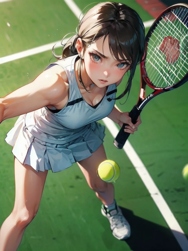 masterpiece, (textured skin), best quality, gorgeous beautiful girl, (a female tennis athlete), detailed clothes,large breasts,narrow waist,, (beautiful face), cinematic lighting, (at tennis venue ),