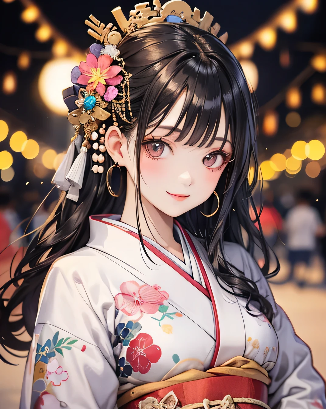Looking at the camera,(((Highest quality, 8k, masterpiece))), Sharp focus, (Beautiful woman with perfect figure), thin, (Hairstyle: superior)), ((kimono)), Highly detailed face and skin texture, Beautifully detailed face, Beautiful attention to detail, Random Pause, (smile), Beautiful Japanese Woman, Realistic Face, double eyelid, smile, Summer festival, At sunset , Beautiful Teeth , Fireworks Background.