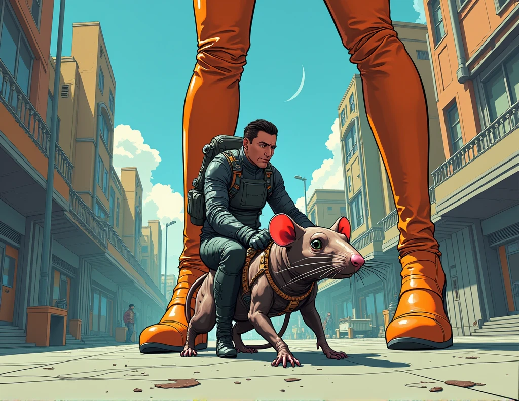 high qualiy , Comic books, a man human, tiny in futuristic intergalactic agent combat clothing riding an alien rat, riding on a sidewalk in a city of giants, futuristic and alien, next to him the gigantic feet of two gigantic women in futuristic high-heeled boots. Man is much smaller than the mouse, smaller than the heels of women's boots