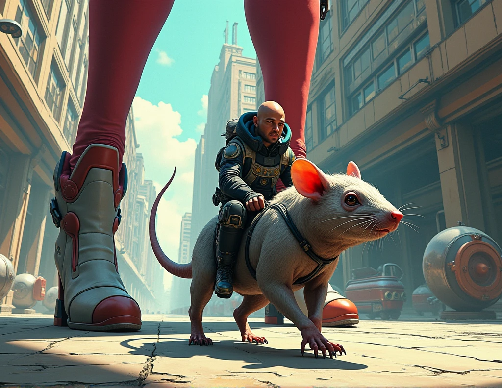 high qualiy , Comic books, a man human, tiny in futuristic intergalactic agent combat clothing riding an alien rat, riding on a sidewalk in a city of giants, futuristic and alien, next to him the gigantic feet of two gigantic women in futuristic high-heeled boots. Man is much smaller than the mouse, smaller than the heels of women's boots
