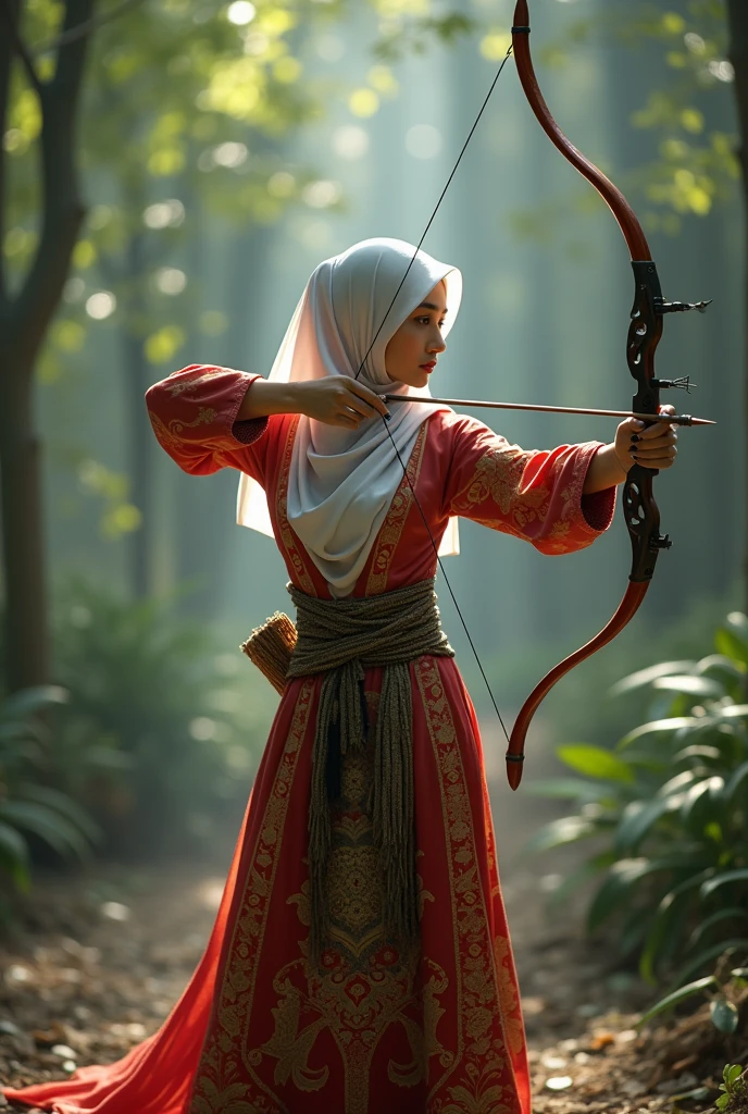 Create a muslimah no face or wearing mask or cadar girl doing archery with kebaya and batik skirt