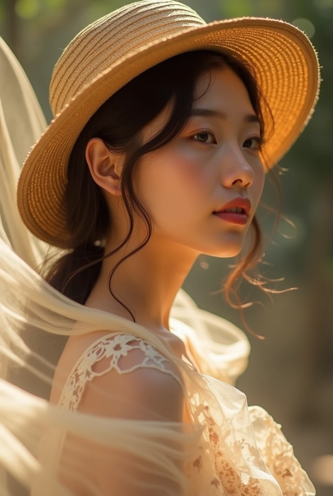 (extreme close up:1.5), (face focus:2),(Style of ???? ???:1.5),
((side face:2)),(1girl surrounded by soft_light:1.5), (backlighting:1.8), (lighting),(flowing fabric:1.3), ((Floral_summer_dress:1.5),(Straw_hat:1.3)),
(masterpiece), realistic, HDR, highly detailed, 8k, raw photo,
ambient occlusion, natural, harmonious composition, warm tones, fine art photography, a hot girl wearing only underwear showing her ass to camera