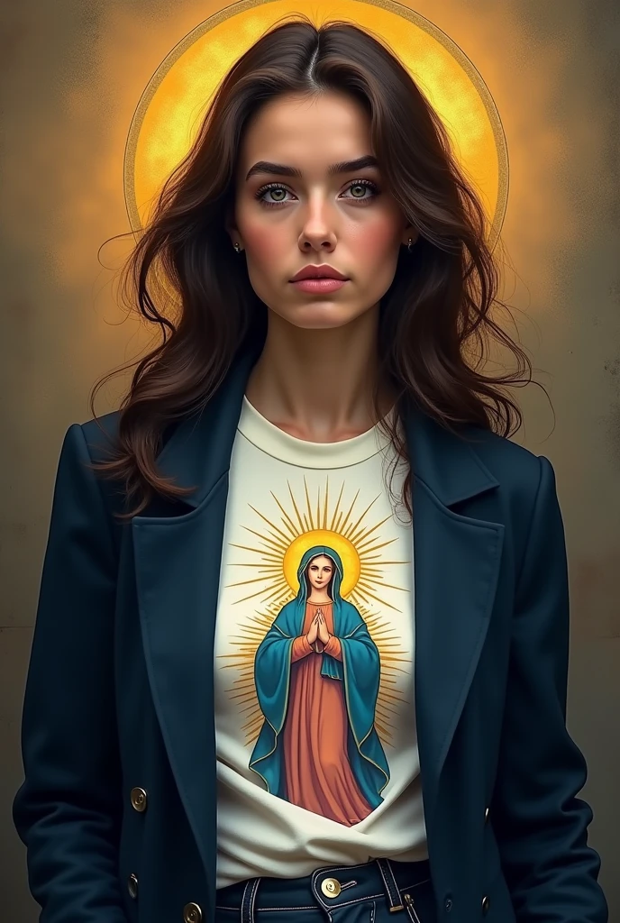 un femme française, 25 ans, en buste qui porte un T-shirt blanc avec une illustration et une veste de type blazer cintré bleu-marine. l'illustration du T-shirt est au niveau de la poitrine. Ce doit être une image représentant une vierge Marie immaculée, imitant les icônes orthodoxes, avec des rayons lumineux doré et des couleurs vives modernes