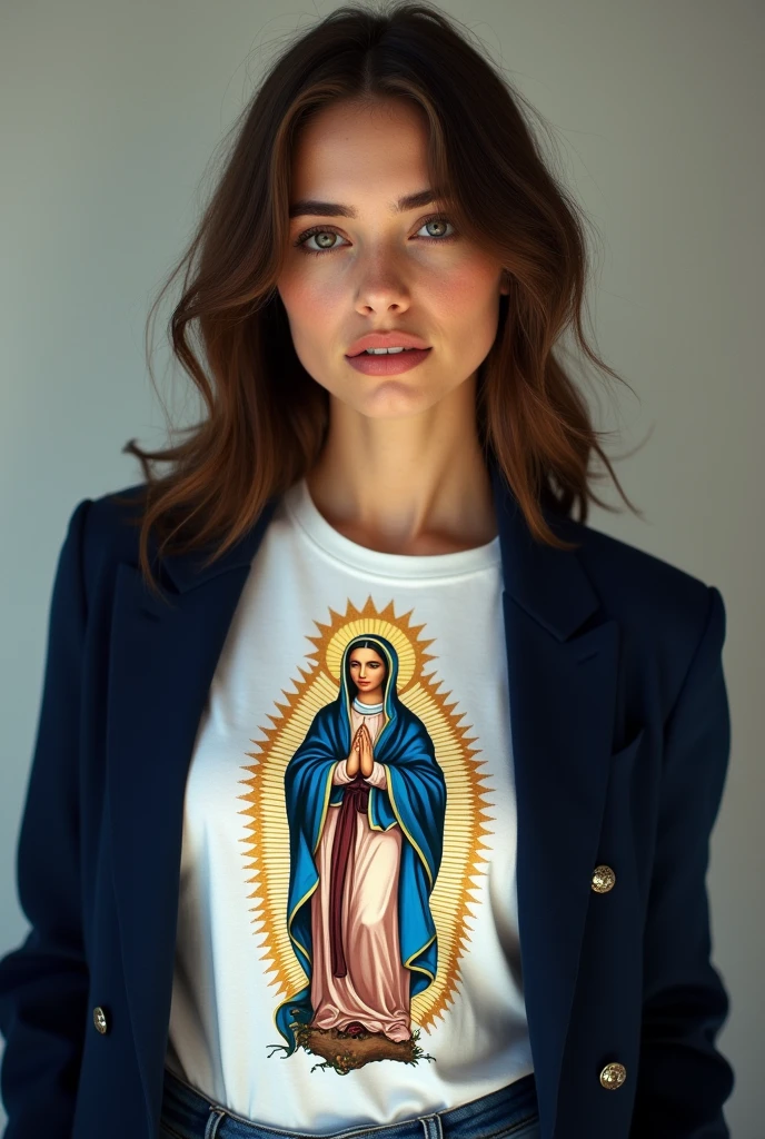 un femme française, 25 ans, en buste qui porte un T-shirt blanc avec une illustration et une veste de type blazer cintré bleu-marine. l'illustration du T-shirt est au niveau de la poitrine. Ce doit être une image représentant une vierge Marie immaculée, imitant les icônes orthodoxes, avec des rayons lumineux doré et des couleurs vives modernes