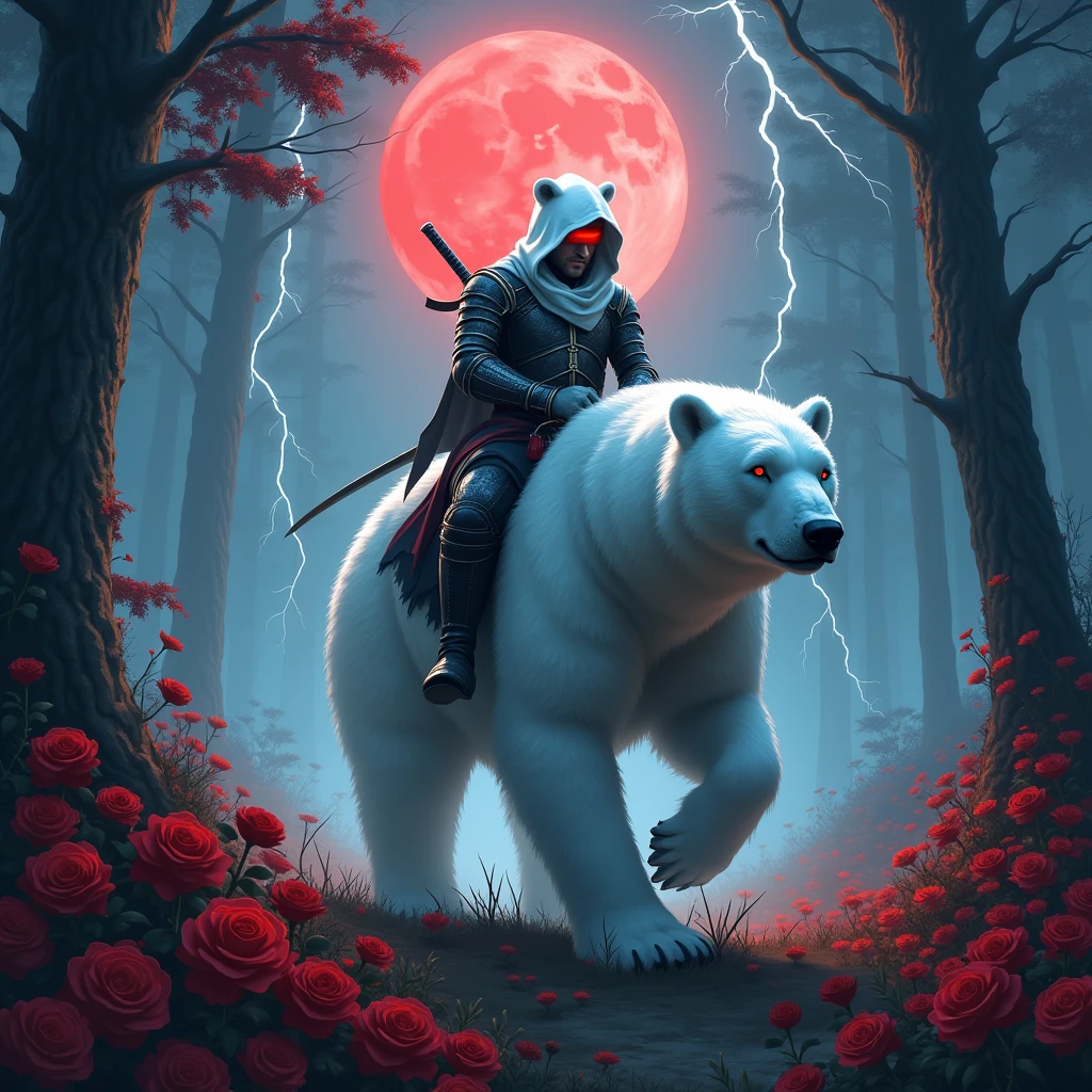 Godlike, in it a male knight with a white hood with bear ears and a katana at his back is riding a polar bear in a forest while the moon shines, many Roses cover the ground and lightning falls from the sky. Only the man wears a red blindfold. The polar bear has shining blue eyes. In the background of the picture is the blood moon.