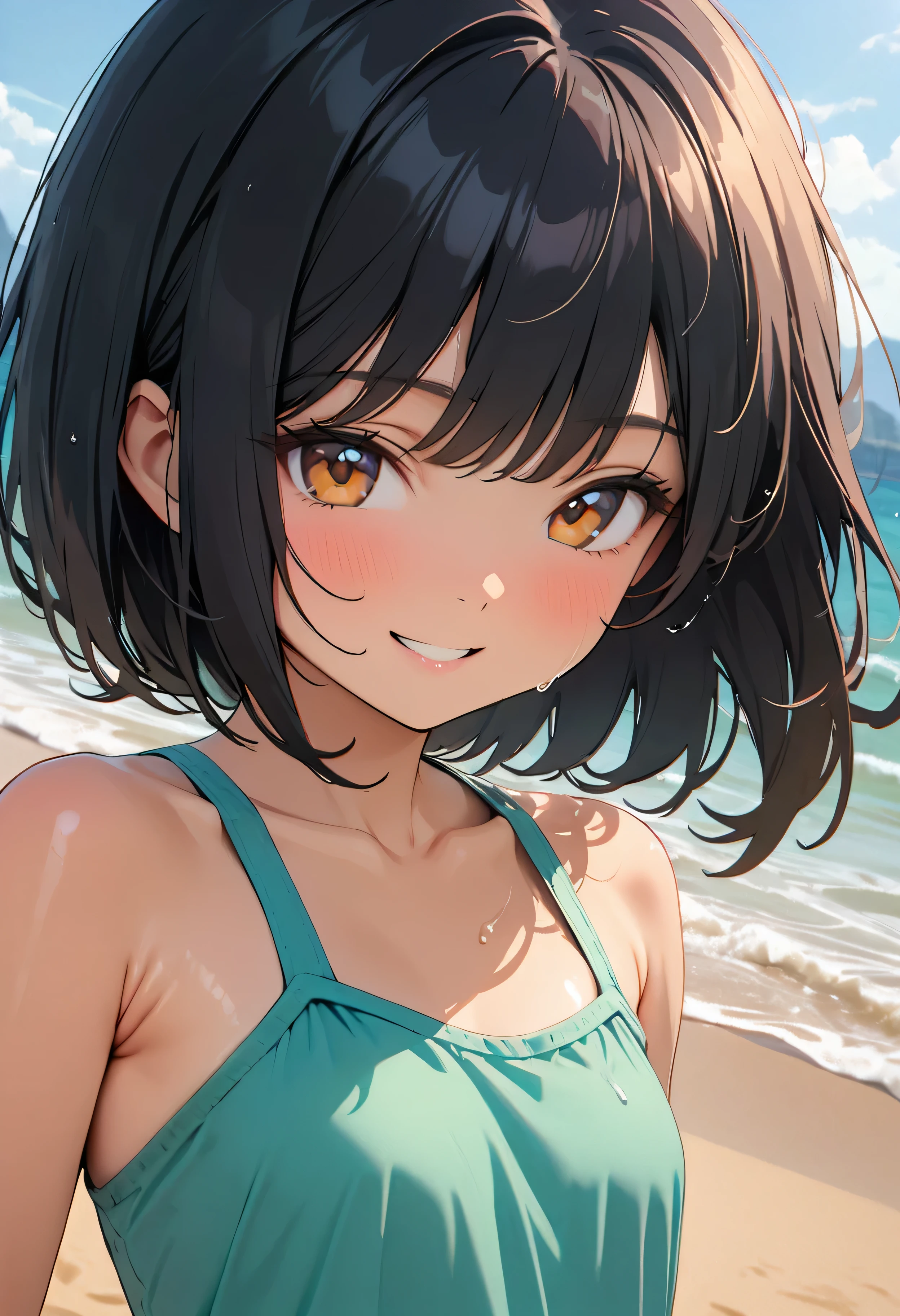 (Highest quality:1.2, Very detailed, Latest, Vibrant, masterpiece:1.2, Highest quality, Best aesthetics), smile, ((Face Up Shot:1.4)), 1980s style, 8K Ultra HD, Background Blur, smile, One Woman, Woman in swimsuit, Strong sunlight, Seaside, sunny, Summer sunshine, Wet Skin, Flat chest, Sandy Beach, Bobcut, low length, Dynamic Angle, very young