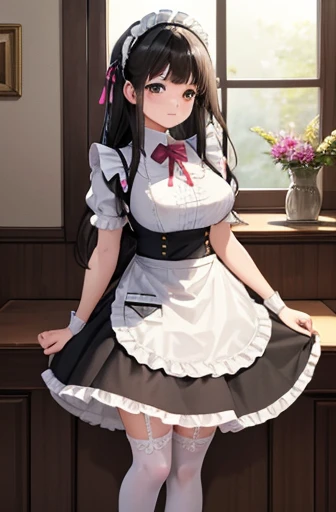((masterpiece)), (Highest quality), (Very detailed), (granular:0.7), Intricate details, Perfect Anatomy, In detail, Structure of the film, colorful, sharp:1.3, 
Soft Shadows, Diffuse lighting, Rim Light, Illumination, Indirect light
Detailed background, maid Cafe, restaurant,
(software), One girl, Long Hair, Black Hair, bangs, thick, Large Breasts, hair ornaments,
 whole body,
Are standing, Frilled maid outfit, Lace knee socks, Heel, lace garter belt, Ruffled Headdress, Maid Apron,  Ruffled puffy short sleeves,  Knee socks ribbon, Hair Ribbon, Midi Skirt, Hand Holding Tray,
