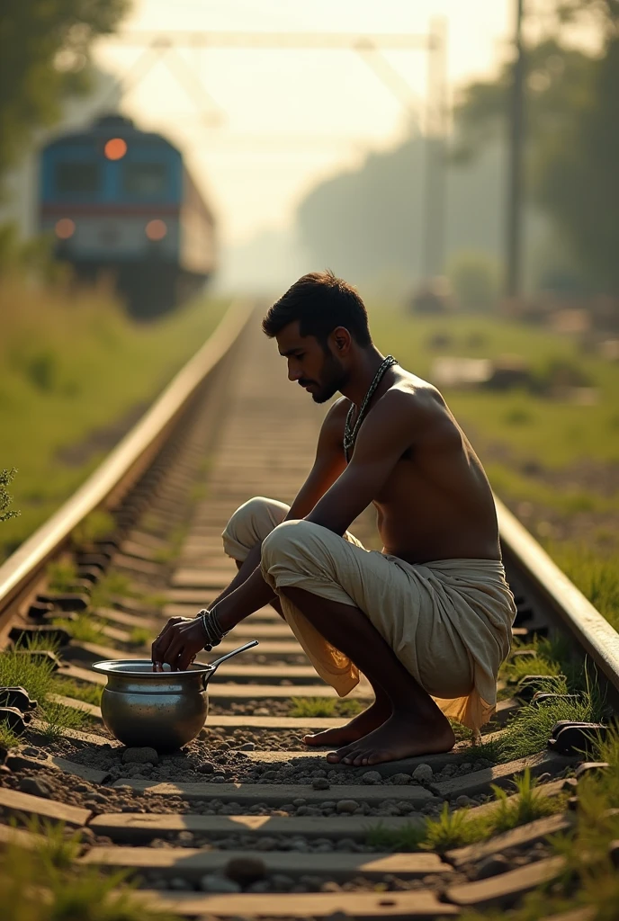 An Indian man is squatting on a railway track, relieving himself with a traditional lotta (a small water vessel) placed on his left side. He is wearing a kurta and lungi, with the lungi lifted for comfort. The scene is set in a rural area, with railway tracks cutting through overgrown grass. The morning light casts long shadows, and the background reveals a distant train, slightly out of focus. Nearby, there are trees and a small village, adding to the rural ambiance. The lotta is metallic, reflecting the sunlight, emphasizing its presence next to the man.