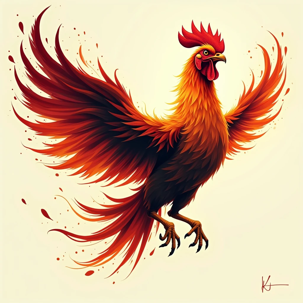 A vector art of a flaming ink roster flying in the air spreading its wings