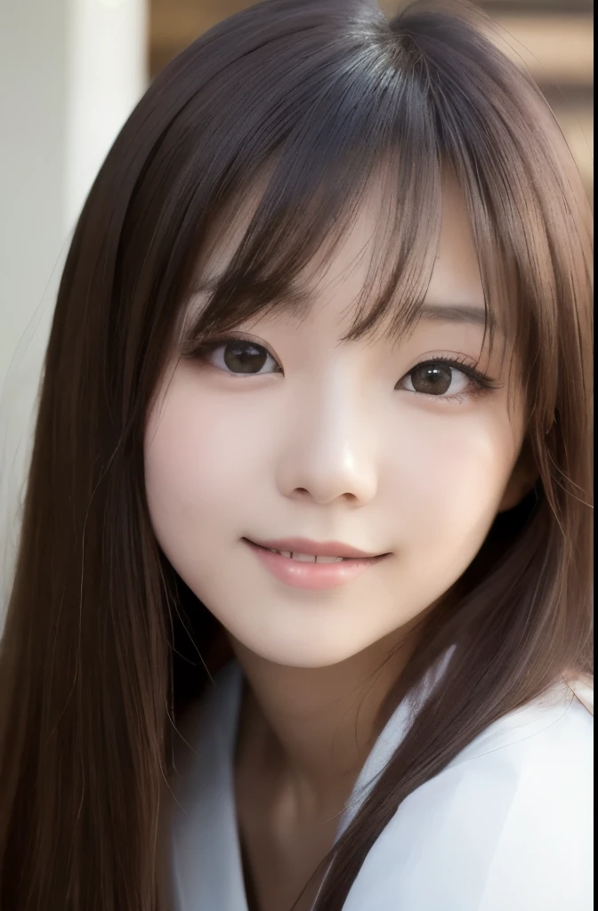 (top-quality,8K picture quality,masterpiece:1.3,),(super high resolution:1.3,Photorealsitic:1.4,Raw photography:1.2),(ultra-detailliert:1.2,shinny skin,Detailed skin),(Detailed face,Perfect Anatomy,Caustics),1girl,kawaii,japanese,22year old,Japanese ido,Natural brown hair,shoulder length hair,Pretty eyes, round big eyes, drooping eyes, natural make up,Oversized T-shirt,a smile,Looking at the camera,up on the face,Face Focus,street corner,Professional lighting,natural soft light,