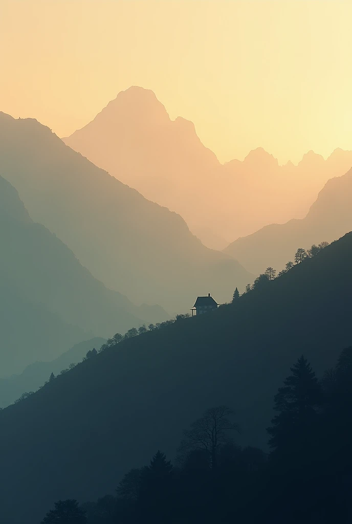 mountain views, susasa sunset, 3 layers of mountains covered in smog, there is 1 small house visible from the top, picture taken from above, realistic