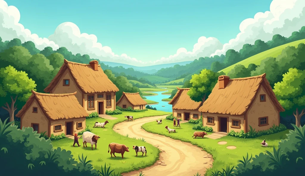 Design a realistic cartoon background of a rural village. The scene should include detailed, earthy-toned mud-brick huts with thatched roofs. Surround these with lush, green fields and trees, showing a variety of vegetation. Add a dirt path winding through the village, with some patches of grass on either side. In the distance, include a small, calm river or pond reflecting the blue sky. The sky should be a soft gradient of blue with some light, wispy clouds. Add small details like farm animals (cows, goats, chickens) and villagers going about their daily routines to enhance the realism. The overall color palette should be natural, with textures that mimic the look of real-life materials while maintaining a slightly animated feel."