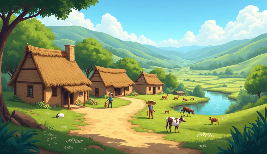 Design a realistic cartoon background of a rural village. The scene should include detailed, earthy-toned mud-brick huts with thatched roofs. Surround these with lush, green fields and trees, showing a variety of vegetation. Add a dirt path winding through the village, with some patches of grass on either side. In the distance, include a small, calm river or pond reflecting the blue sky. The sky should be a soft gradient of blue with some light, wispy clouds. Add small details like farm animals (cows, goats, chickens) and villagers going about their daily routines to enhance the realism. The overall color palette should be natural, with textures that mimic the look of real-life materials while maintaining a slightly animated feel."