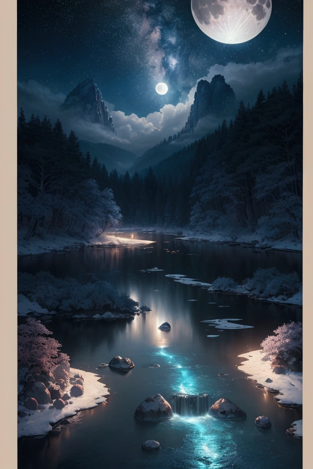 ((最high quality,8k,Absurd Resolution,16K, masterpiece: 1.3)) Perfect image, Super detailed, high quality, Beautiful images, Pacific Forest Background, Blue Forest, blue wood, Bluegrass, Blue illumination, Beautiful blue light, at night, Transparent lake, ((All blue)), blue rock, Blue illumination, blue sky, Dark Sky, Blue Lake, Breathtaking beauty, Volumetric lighting, Volumetric Shadows, Sharp focus, Landscape only, wood, moonlight, Moonrise, water, leaf, rock, cloud.Painting of a river with stars and moon floating in the sky, Concept art inspired by Tosa Mitsuoki, pixiv Contest Winner, 最high quality, Fantasy art, Beautiful anime scene, Bright Moon, 月明かりとStarry Skyの環境, Dream Painting, Anime Background Art, Fantasy Landscape Painting, Fantasy Night, Anime Background, Background artwork, Great art, Atmospheric anime, Starry Sky, Detail enhancement,8K Ultra HD, HDR,Unique Design,One and only,A magnificent composition,One Scene,Anime Style,Studio Lighting,Ultra Wide Angle,Original elements,Detailed texture,Full body description,Dynamic Angles,Iconic,Dynamic Lighting,Professional Color Grading,original,Extreme detail,Glow effect