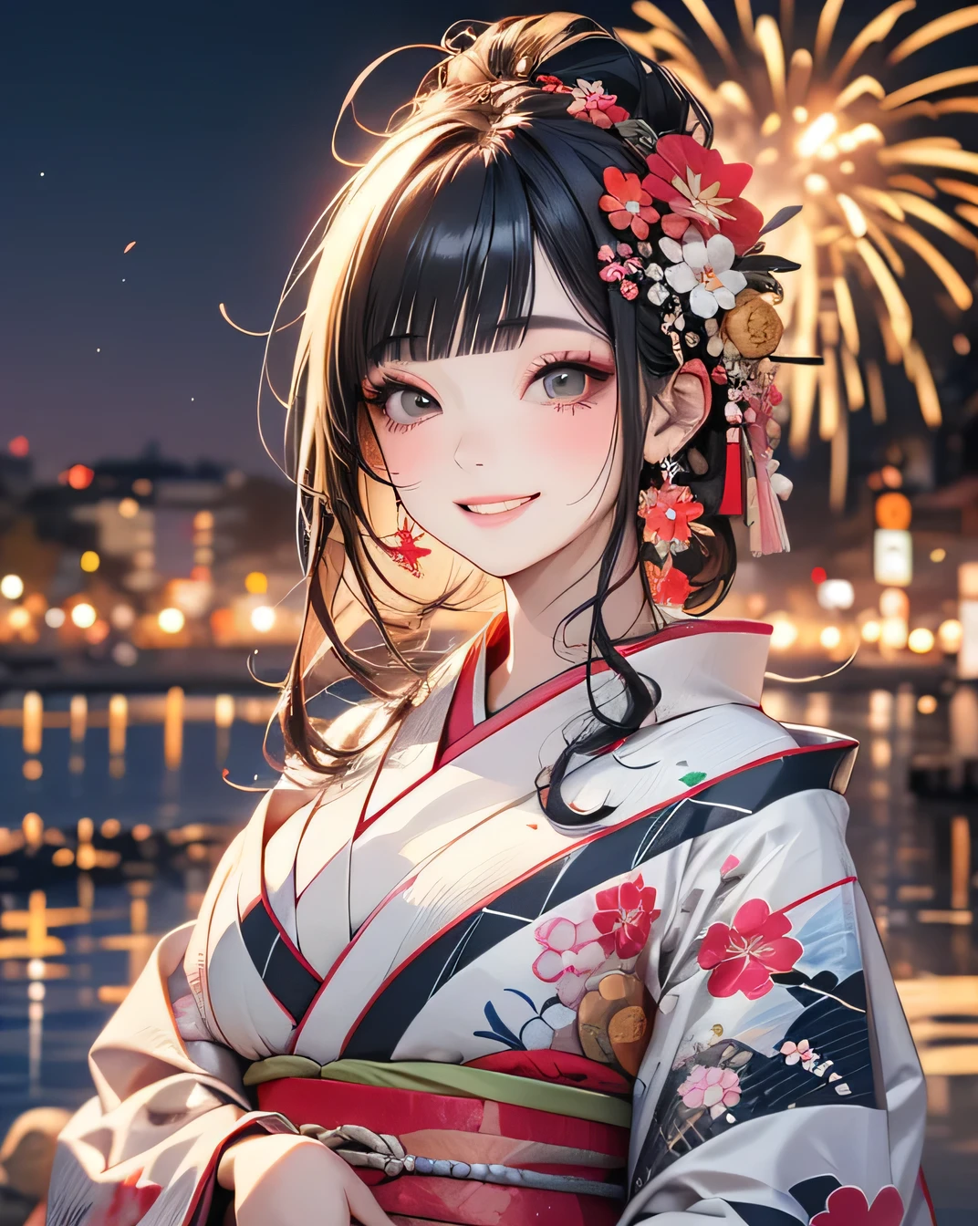 Looking at the camera,(((Highest quality, 8k, masterpiece))), Sharp focus, (Beautiful woman with perfect figure), thin, (Hairstyle: superior)), ((kimono)), Highly detailed face and skin texture, Beautifully detailed face, Beautiful attention to detail, Random Pause, (smile), Beautiful Japanese Woman, Realistic Face, double eyelid, smile, Summer festival, At sunset , Beautiful Teeth , Fireworks Background.