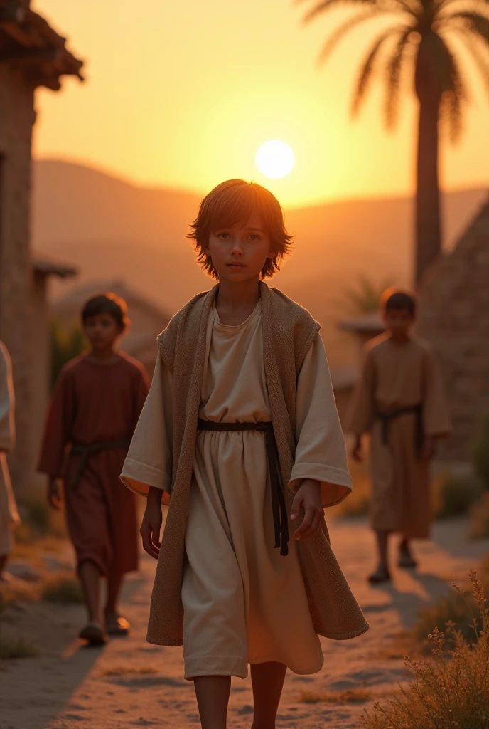 Jesus, a young boy dressed in traditional tunic, 1st-century, plain robe, in the small town of Nazareth, playing with other children near a simple home, the sun setting behind distant hills, medium shot, hyper-realistic, photo realism, cinematography --ar 9:16