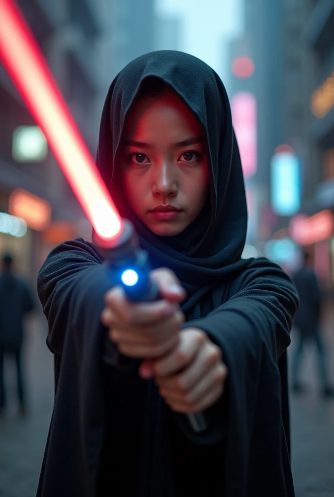Full body shot, best quality, masterpiece, highres, 1 chinese-indonesian girl, proper muslim hijab, futuristic urban area,Beautiful face, wielding lighsaber, tyndall effect,photorealistic, dark studio, rim lighting, two tone lighting,(high detailed skin:1.2), 8k uhd, dslr, soft lighting, high quality, volumetric lighting, candid, Photograph, high resolution, 4k, 8k, Bokeh