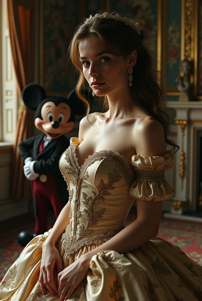 Beautiful woman in baroque dress in a baroque room, In front of her Mickey Mouse smiles and has his hands behind his back with a knife covered in blood