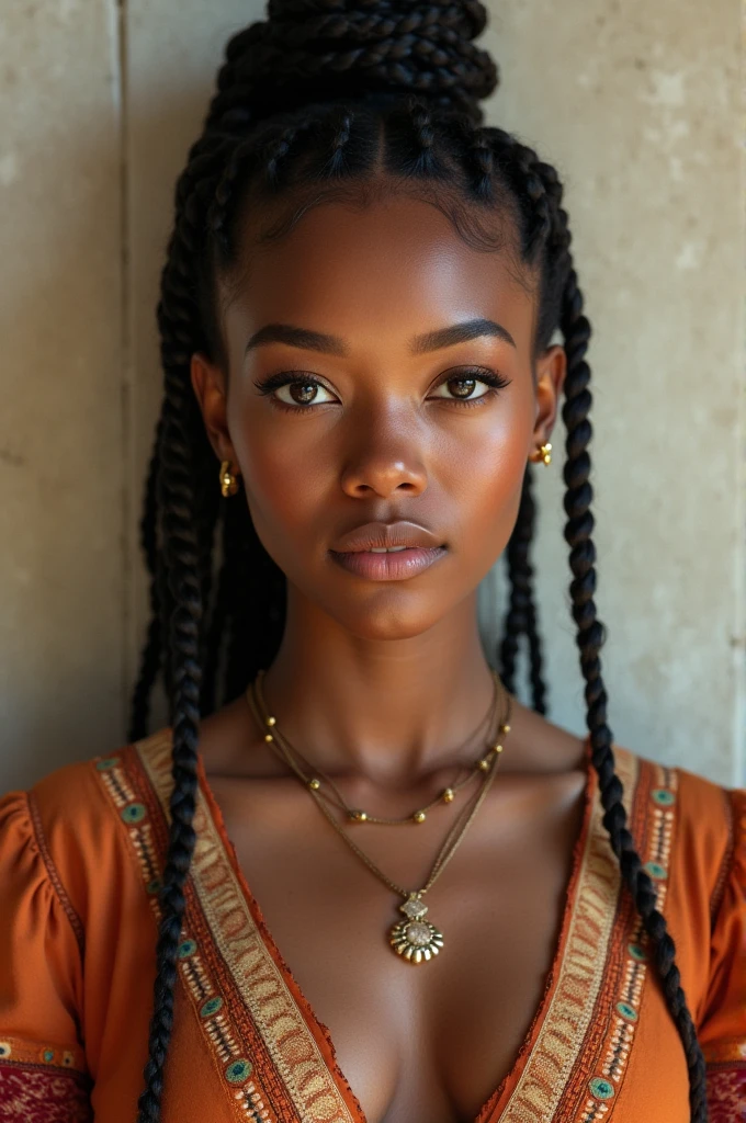 Very real young woman age 19 years with a big and wide forehead with a mamei blouse and braided hair, creamy decaffeinated skin, full body image
