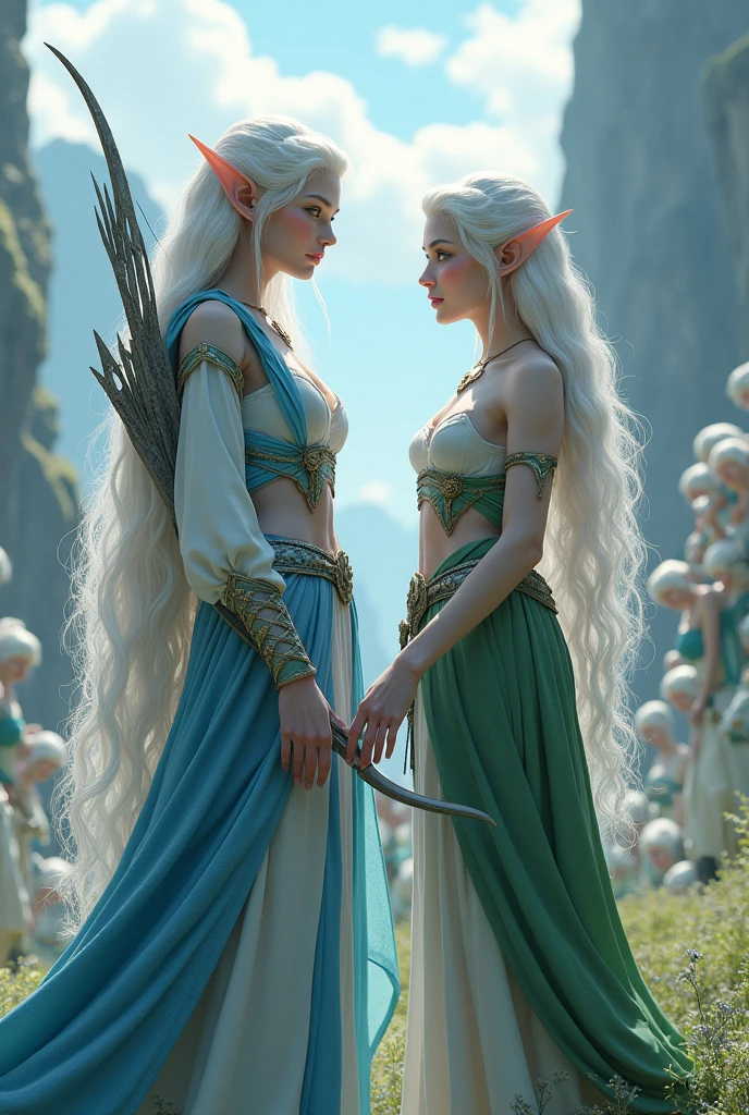 Full body portrait. A very beautiful, white-haired adult female elf wearing a blue and white outfit while carrying a bow. And a very beautiful white-haired adult female elf wearing green and white clothes. In the background they see an army of elves practicing from the edge of a cliff full of castle ruins. This scene is a very detailed and professional 3D digital art. Game art. 64k resolution