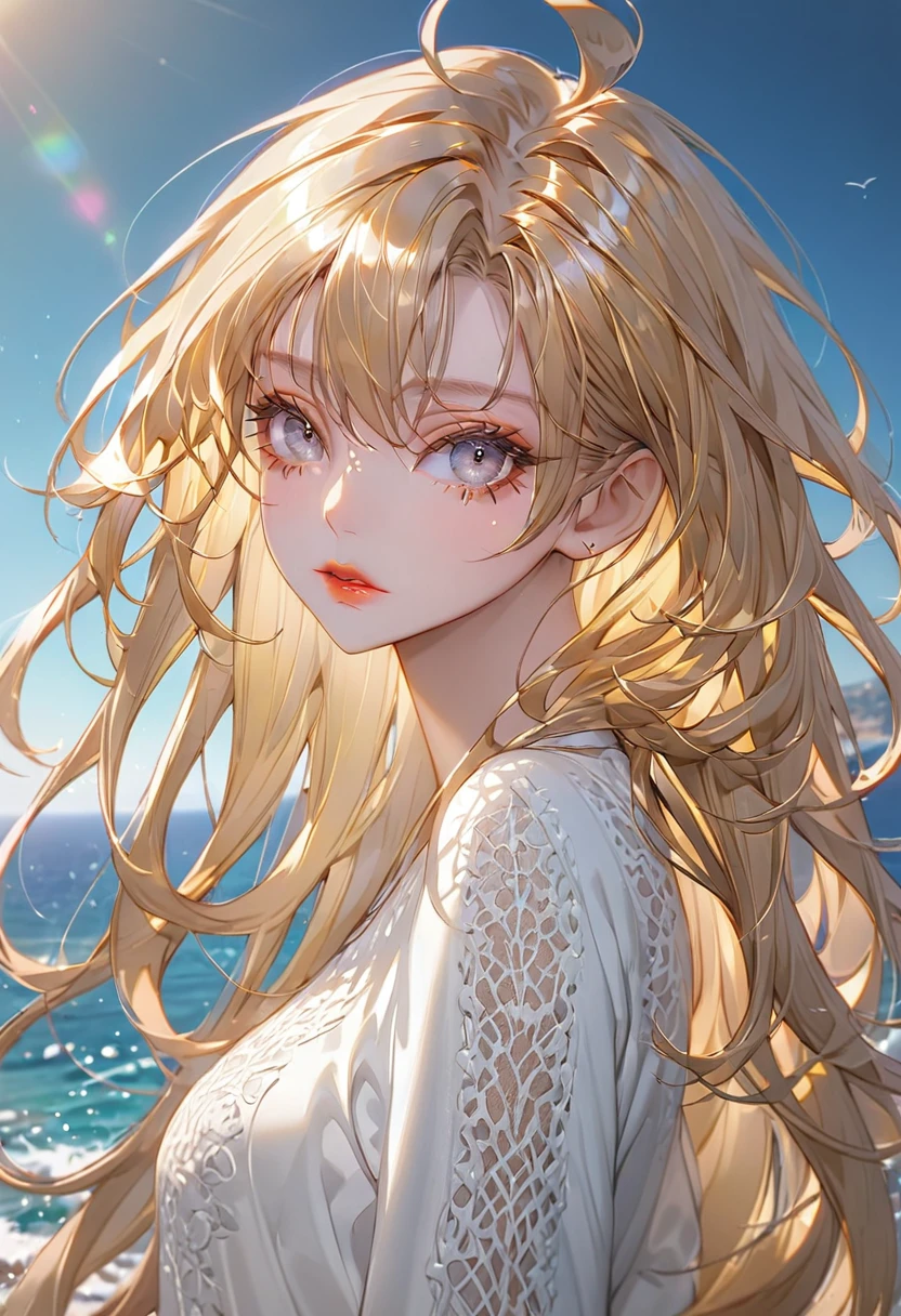 The background is the Aegean Sea(Highest quality,Very detailed,High resolution:1.2),Slim beautiful girl,Golden Hair,very_Long eyelashes, Detailed lips, Cool look, Soft Skin, Shiny Hair,Exquisite makeup,Face up、Casual clothing、Ahoge