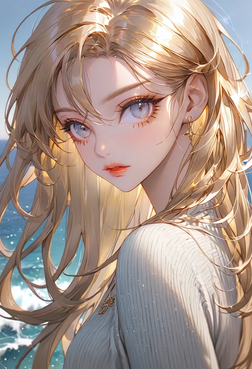 The background is the Aegean Sea(Highest quality,Very detailed,High resolution:1.2),Slim beautiful girl，Golden Hair，very_Long eyelashes, Detailed lips, Cool look, Soft Skin, Shiny Hair,Exquisite makeup,Face up、Casual clothing、Ahoge