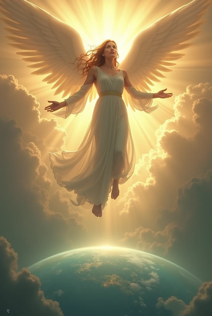 Angelic woman with a human man above earth during the rapture 