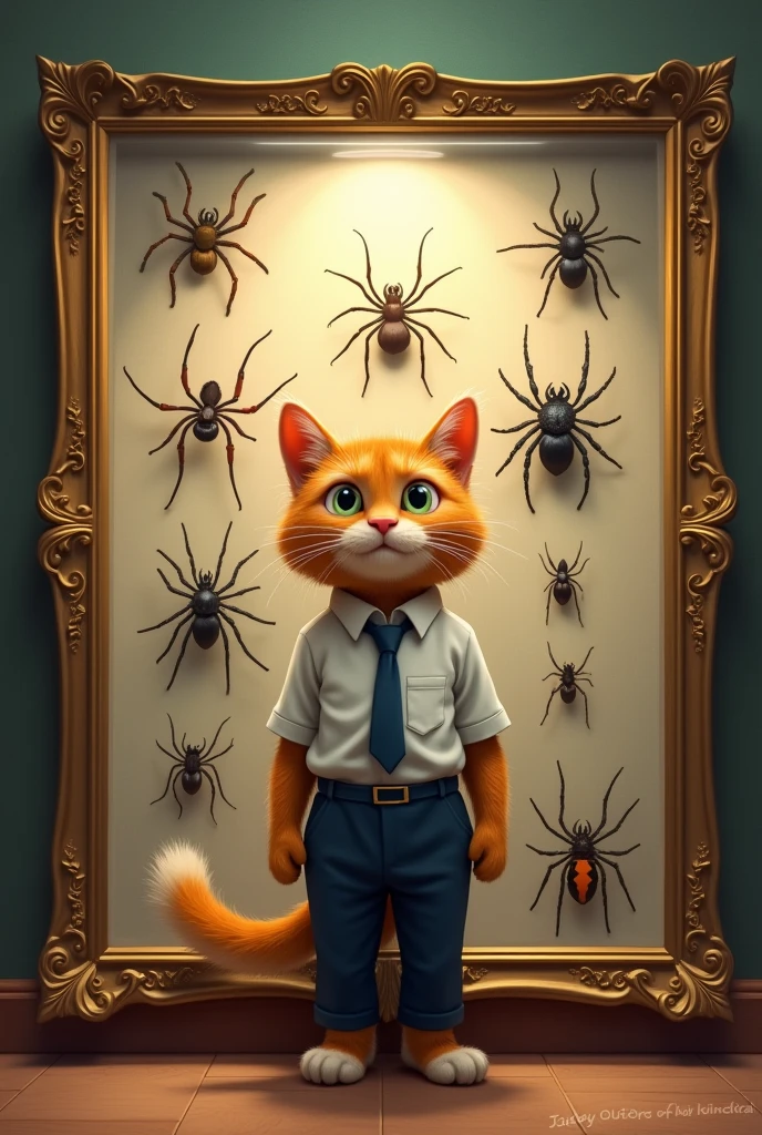 ginger cat in school uniform under of museum stand in front of  spiders insects. on wall frame.