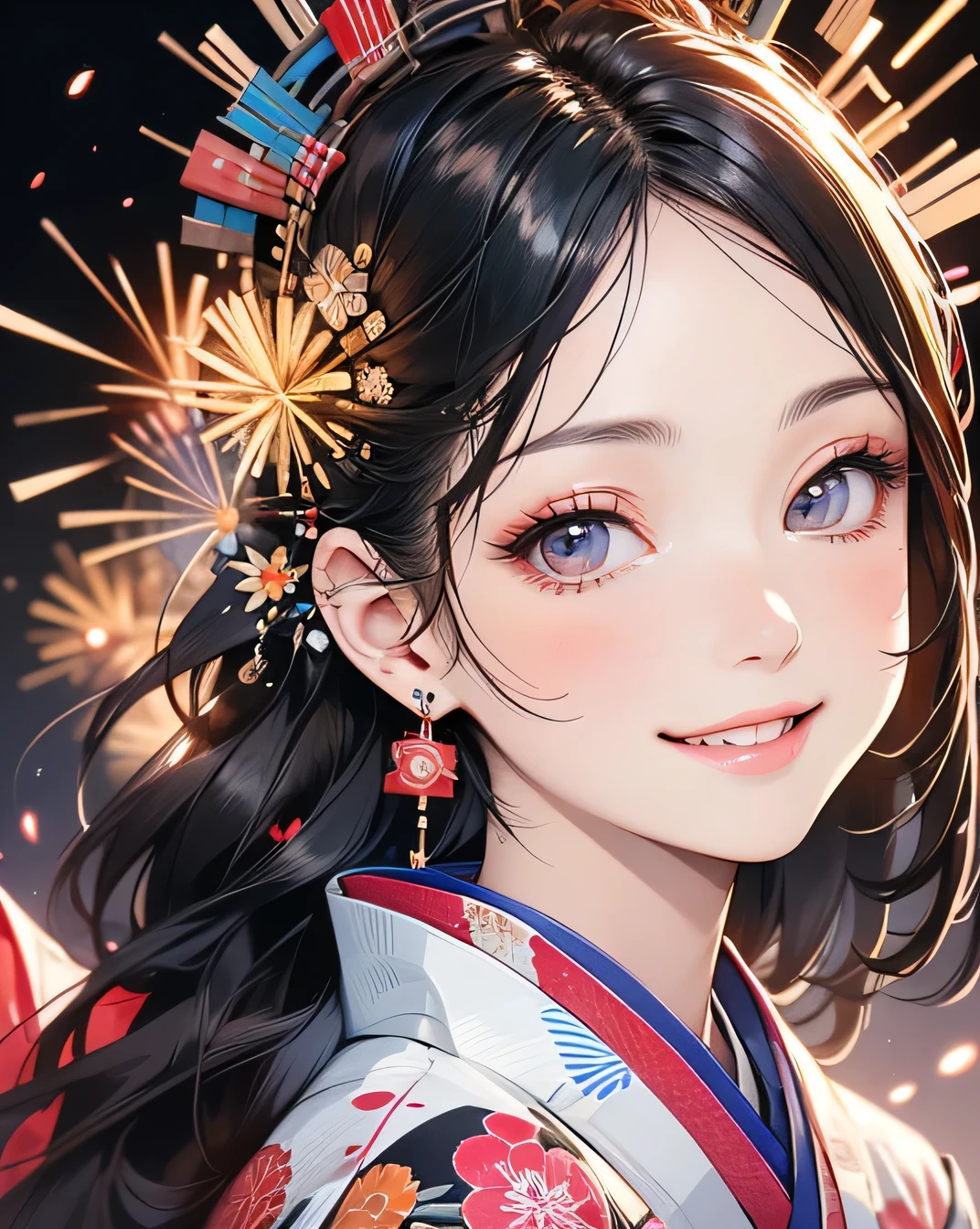 Looking at the camera,(((Highest quality, 8k, masterpiece))), Sharp focus, (Beautiful woman with perfect figure), thin, (Hairstyle: superior)), ((kimono)), Highly detailed face and skin texture, Beautifully detailed face, Beautiful attention to detail, Random Pause, (smile), Beautiful Japanese Woman, Realistic Face, double eyelid, smile, Summer festival, At sunset , Beautiful Teeth , Fireworks Background.