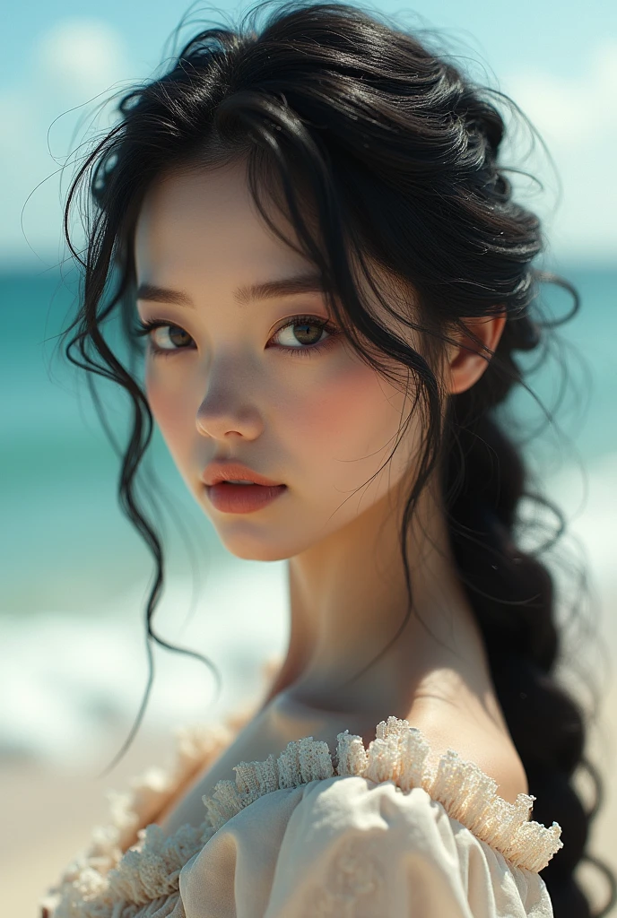 Highest quality, Ultra Nothing, Realistic, Beautiful Woman Photos, 10th Generation, Detailed face, Black Messy Fishtail Braid, (Exquisite porcelain doll,Delicate clothing with lots of frills and ribbons), Beach, (Face close-up), Captivating look, View your viewers