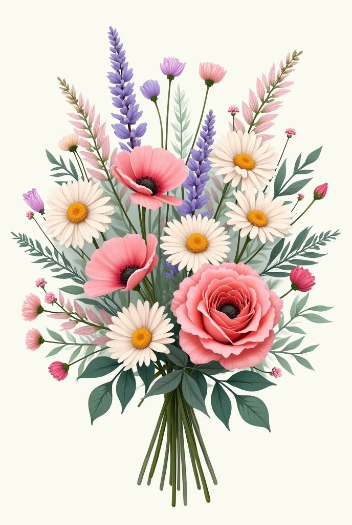 Create an intricate and highly detailed digital illustration of a bouquet composed of various wildflowers, arranged in a loose, natural style. The bouquet should feature a diverse range of flowers, such as daisies, lavender, poppies, and roses, each depicted with meticulous attention to the textures and patterns of their petals and leaves. Use a soft pastel color palette, with shades of pink, lavender, cream, and mint green, to evoke a sense of freshness and lightness. The stems and leaves should be rendered with fine lines, adding a delicate, almost hand-drawn quality to the piece. To enhance the natural feel, incorporate subtle shading and highlights that give the flowers a realistic, three-dimensional appearance. The overall composition should exude elegance and tranquility, perfect for anyone who loves nature and floral designs.