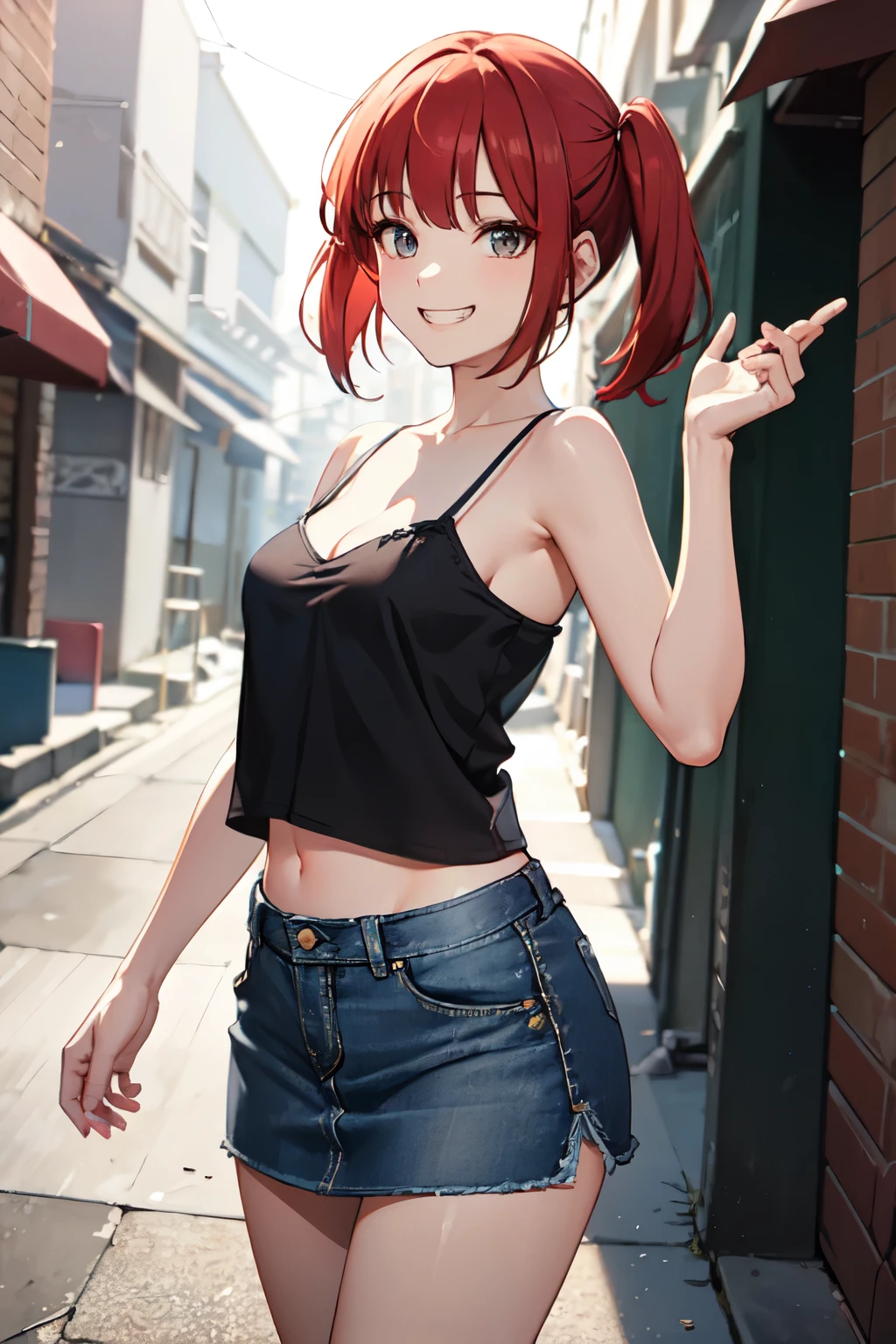 (8k、Highest quality、Highest quality、masterpiece)、Detailed face、One Girl、 Red hair、short hair、Twin tails、Blunt bangs、Grey Eyes、Wicked Smile、((Grin))、Small breasts、((White camisole))、((Denim mini skirt))、Cowboy Shot、((I had already finished))、Back Alley Background、Very large breasts、No pants、Roll up your skirt