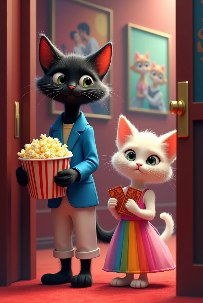 Image 6**: Both young cats are entering a movie theater. The tiny long height black cat wearing blue jacket and white pant is holding a large bucket of popcorn, and the rainbow-colored very short  white cat is wearing a pink grown holding two tickets. They are both excited, with the movie posters in the background hinting at a romantic film.
