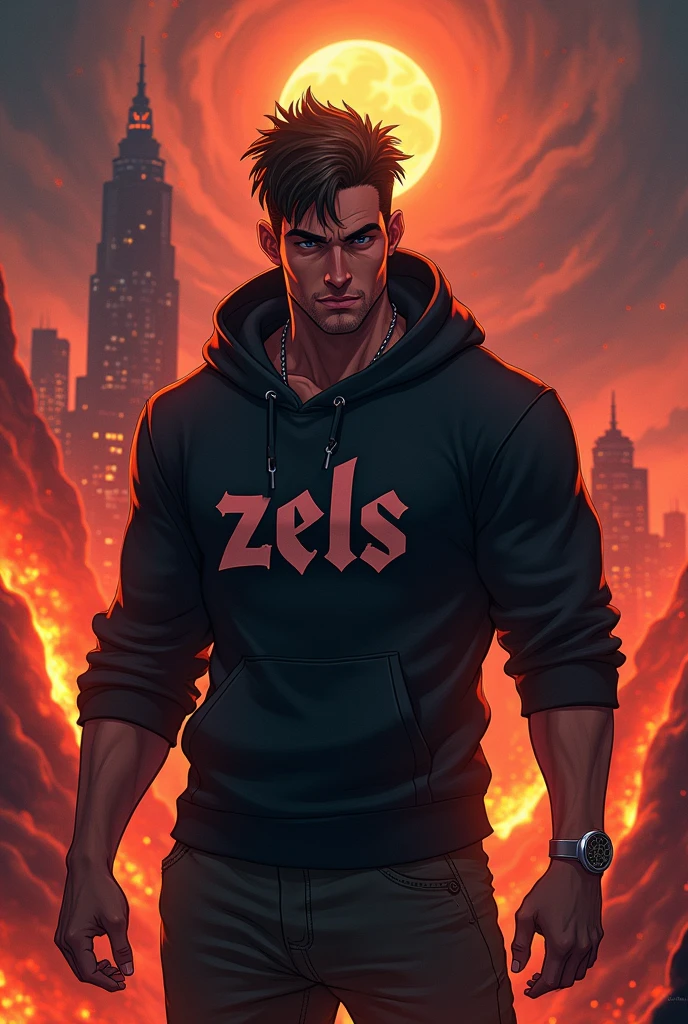 Create anime character;
{background: capital HD text: “GLBK” in center-top, hell magma}, tanned skin,
realistic, Villain, like half-demon, HDR, handsome, korean style, full body, age 20, hoodie HD text: “Zels”, male