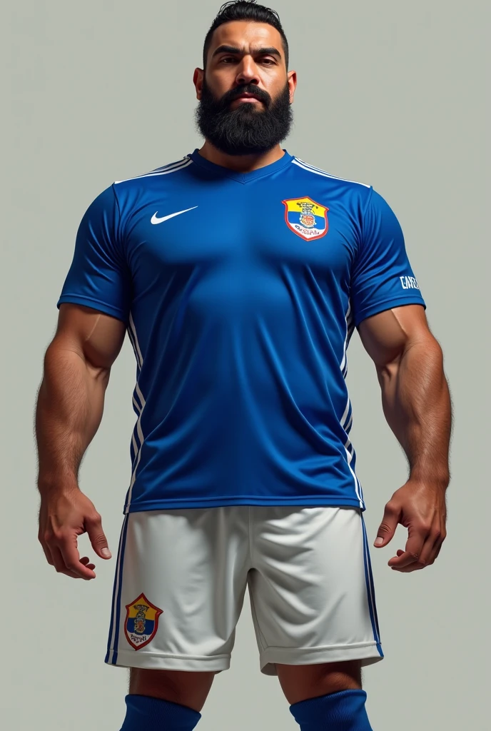 A strong hairy and bearded Iranian man wearing the El Salvador national football team uniform. He must wear a blue shirt with white details and the Salvadoran Football Federation shield on the chest.. The shorts must be white with blue details., and the socks, blue with a white stripe. His expression should be confident, e a pose, Stately, reflecting their strength and pride by wearing the uniform.