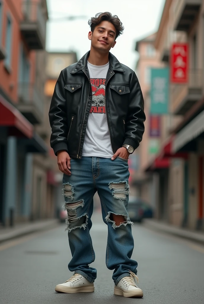 A man with a height of 172 centimeters and a weight of 70 kilograms and 20 old year wearing a retro t-shirt with a black leather jacket and oversize retro denim pants