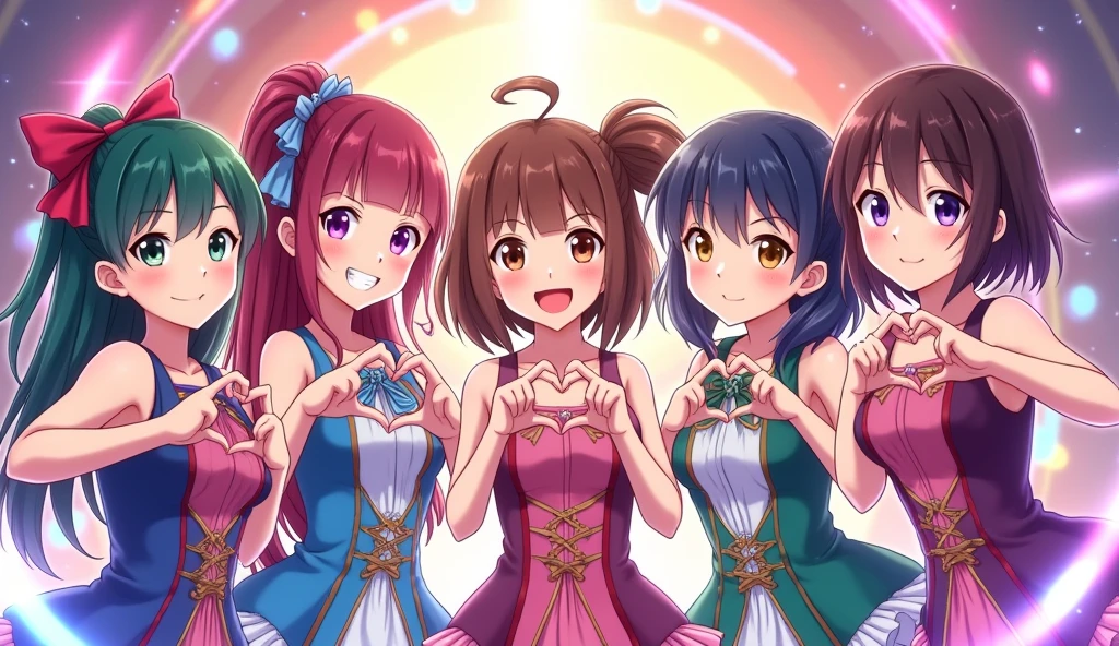j-pop girl band, 5 asian girls, anime, two of them make heart hand gestures, three make peace hand gestures