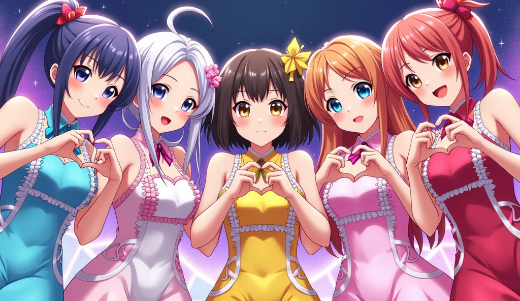 j-pop girl band, 5 asian girls, anime, two of them make heart hand gestures, three make peace hand gestures