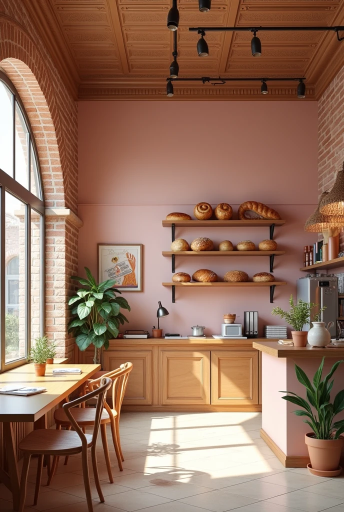 A bakery with a pink study area and great architectural design
