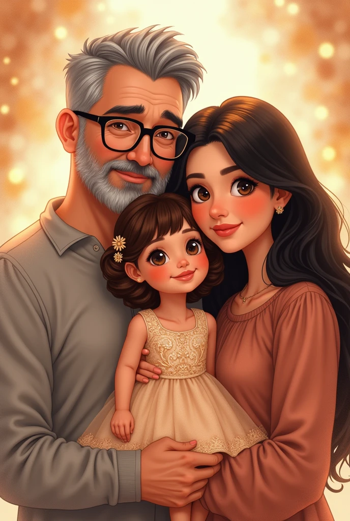 A drawing for a tender and magical story where there is a family with a 50-year-old man who wears glasses, gray-haired woman and a black-haired woman with a brown-haired baby girl wearing a shiny dress