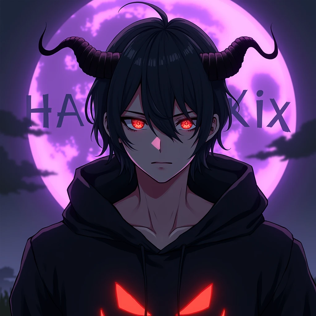 High resolution, Highest quality, masterpiece, Attention to detail, Black Hair, Medium Hair,Portraits, Horns of the beast,The man with the glare,Anime Style,Jack O'Lantern Black Hoodie'-Lantern design,The purple full moon is shining,Background of the word HAGUKIX