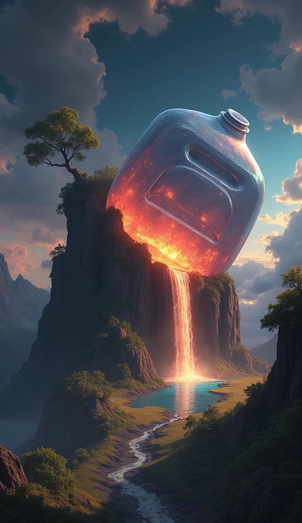 A (((gigantic plastic water jug))) is lying on its side on top a mountain cliff, it is spilling a waterfall into a lake, Hyper realistic, intricate details, glowing scenery, sunset, fantasy, anime, intricate sparkling atmosphere, artstation, wlop, artgerm intricately detailed hyperdetailed 8k resolution concept art